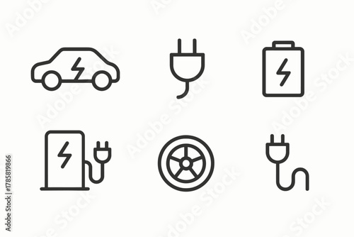 Electric car icons: vehicle, plug, battery, charging station, wheel symbol
