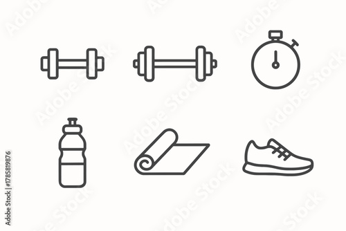 Fitness equipment icons: dumbbells, stopwatch, water bottle, yoga mat, running shoes