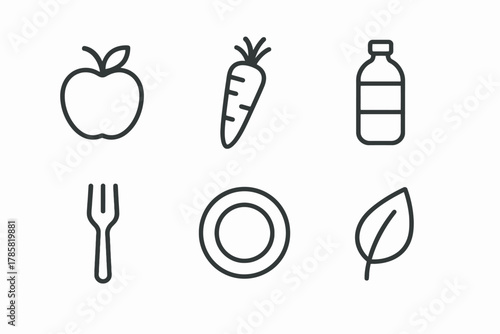 Minimalist icons of apple, carrot, bottle, fork, plate, and leaf