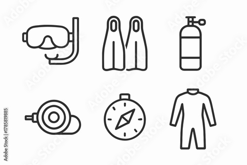 Minimalist icons of scuba diving gear: mask, fins, tank, reel, compass, suit