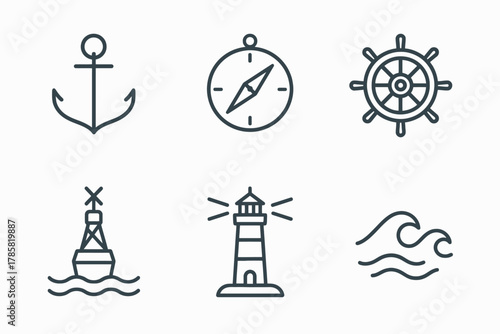 Nautical icons set featuring anchor, compass, ship wheel, buoy, lighthouse, and waves