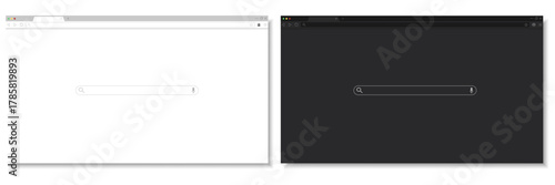 Realistic light and dark browser window mockup with search bar for web design and UI UX presentations. Browser mockup dark and light. Web design interface. Search bar template. UI UX mockup.