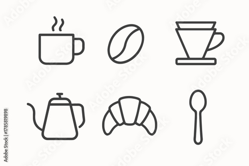 Coffee brewing elements: cup, bean, dripper, kettle, croissant, spoon icons