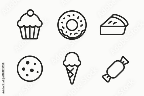 Outline icons of sweet treats: cupcake, donut, pie, cookie, ice cream, candy
