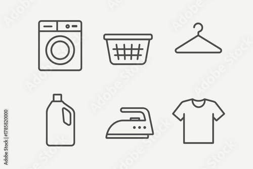 Minimalist laundry icons: washing machine, basket, hanger, detergent, iron, t-shirt