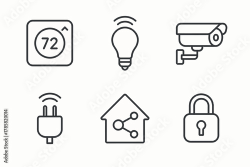 Smart home icon set: thermostat, light bulb, security camera, smart plug, connected home, lock