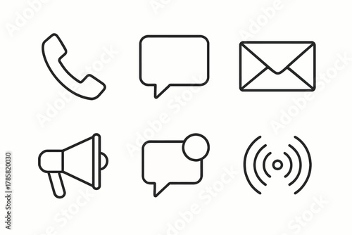 Set of communication icons: phone, message, email, megaphone, alert signal