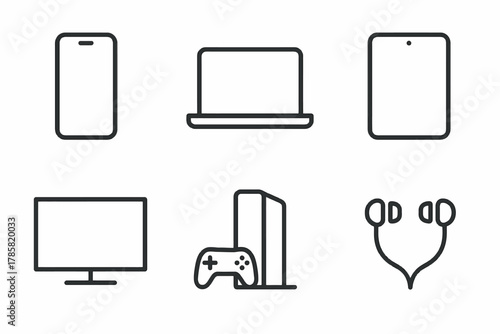 Minimalist technology icons: smartphone, laptop, tablet, tv, console, headphones