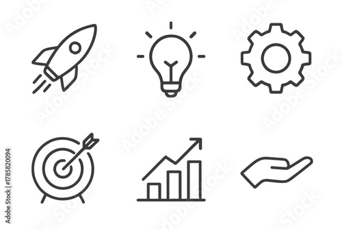 Rocket lightbulb gear target graph and hand icons set