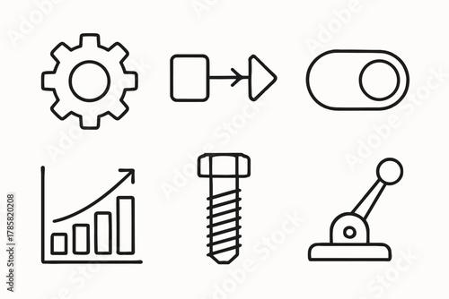 Mechanical engineering icons: gear, flowchart, toggle, graph, screw, lever