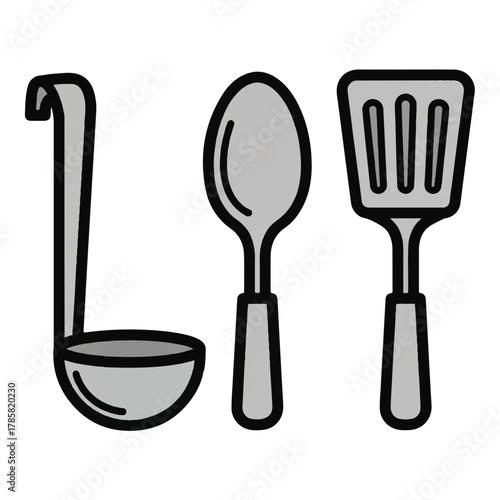 Graphic illustration of essential cooking utensils, including a ladle, spoon, and spatula, representing key kitchen tools for food preparation and culinary arts