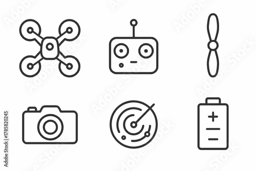 Drone components icons: quadcopter, controller, propeller, camera, radar, battery