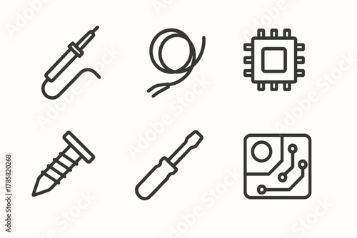 Simple line icons of electronics and tools: soldering iron, wire, chip, screw, screwdriver, circuit board