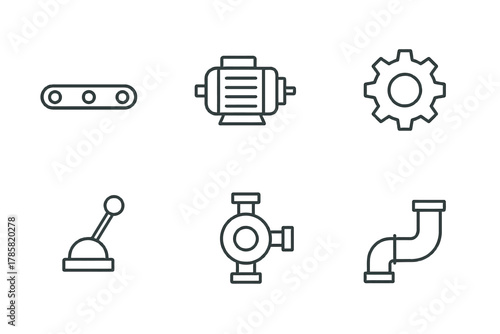 Industrial icons set: conveyor, motor, gear, lever, valve, pipe