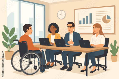 A diverse group of adults holding a meeting in a modern office, featuring one caucasian male in a wheelchair, two females, and one male, seated at a table with laptops.