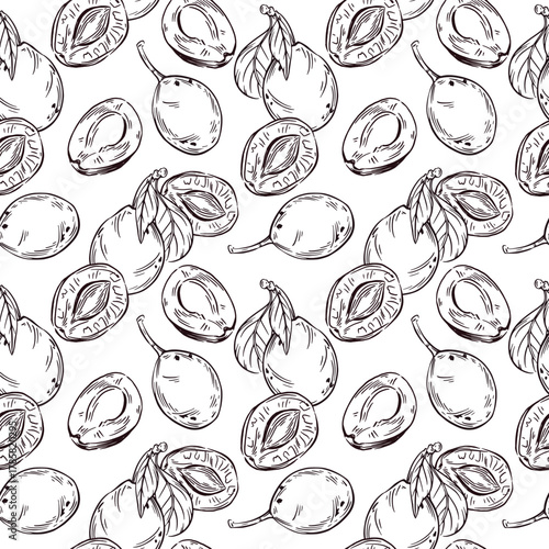 Seamless vector pattern of plums, half plums and prunes. All objects are hand-drawn in ink and converted into vector. The pattern is suitable for kitchen textile design, printing on paper and fabric.