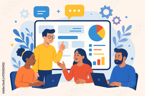 A diverse group of young adults collaborate in a meeting, discussing data displayed on a large screen with charts and speech bubbles, while using laptops.