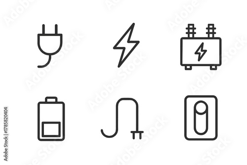 Set of vector icons: plug, lightning, transformer, battery, hook, switch