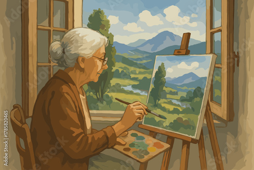 Elderly caucasian female artist painting a landscape on canvas beside an open window with a view of mountains and a river scene.