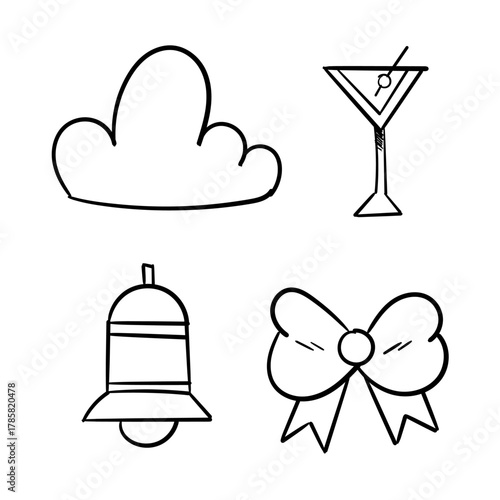 Hand-drawn sketch icons a cloud, a cocktail glass, a bell, and a bow, perfect for creative projects