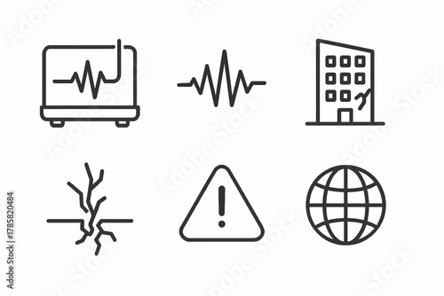 Seismograph and earthquake alert icons set including globe and warning symbols