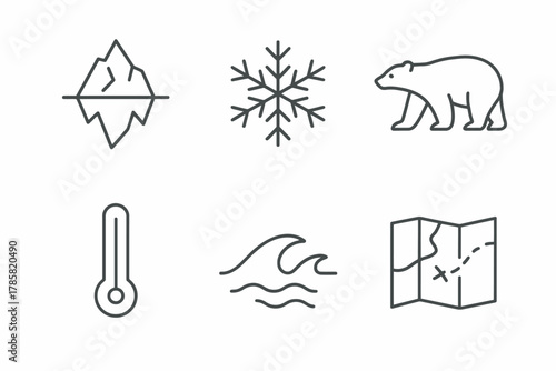 Climate change icons: iceberg, snowflake, polar bear, temperature, ocean waves, map