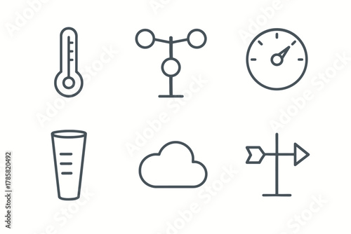 Weather monitoring icons: thermometer, wind vane, cloud, anemometer, speedometer, rain gauge