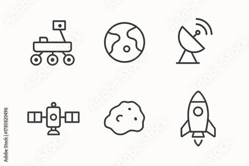 Space exploration icons: rover, planet, satellite dish, spacecraft, asteroid, rocket