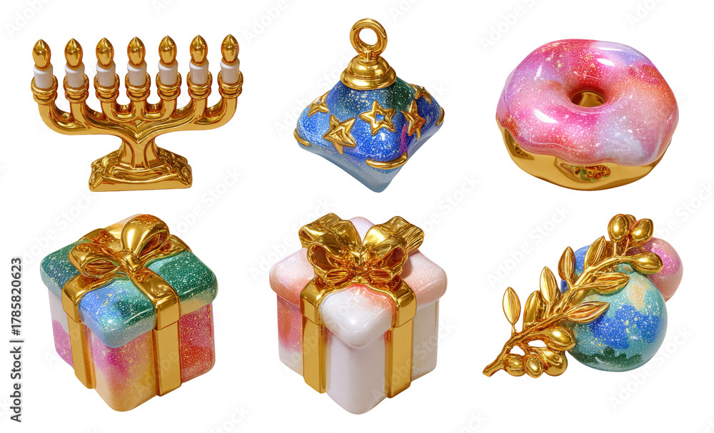 Fototapeta premium Colorful Glittering Holiday Objects Collection on Transparent Background for Creative Use