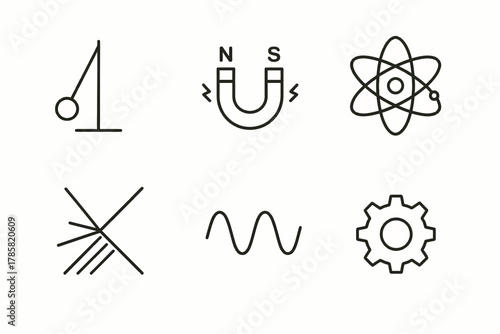 Minimalist science icons set: pendulum, magnet, atom, diffraction, wave, gear