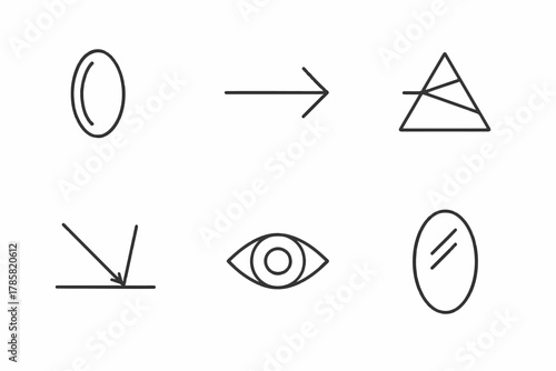 Optics symbols: light reflection, refraction, lens, prism, eye, mirror diagram