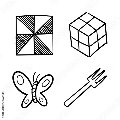 Whimsical Outlines A Set of Hand-Drawn Square, Cube, Butterfly, and Fork Illustrations for Creative Projects