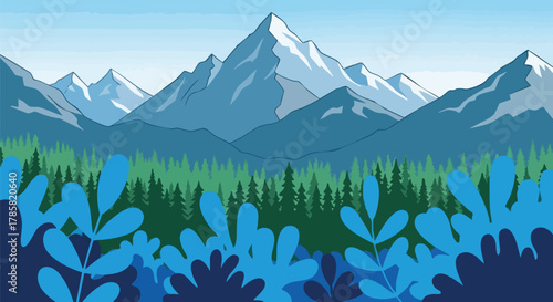 Mountain Range Landscape Illustration Serene Nature Scene with Forest and Peak