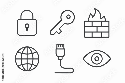 Cybersecurity elements: lock, key, firewall, globe, cable, eye