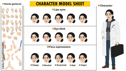 Female Space Scientist Character Model Sheet. Customizable Woman Researcher with Lab Coat, Expressions, and Hand Gestures for Animation.