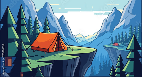 Camping Adventure Vector Illustration of a Tent on a Cliff Overlooking Mountains and Forest
