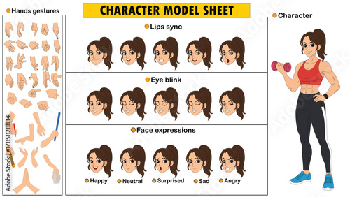 Female Bodybuilder Character Constructor Kit. Customizable Strong Woman Model Sheet with Muscular Body, Fitness Poses, and Expressions.