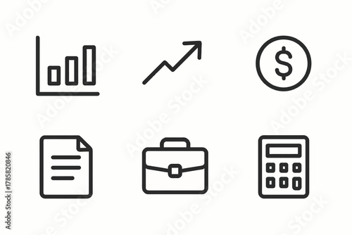 Business finance icons: graph, arrow, money, document, briefcase, calculator