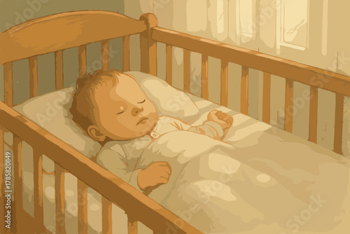 Peaceful baby sleeping in a wooden crib under warm light, showcasing a serene and comforting environment.