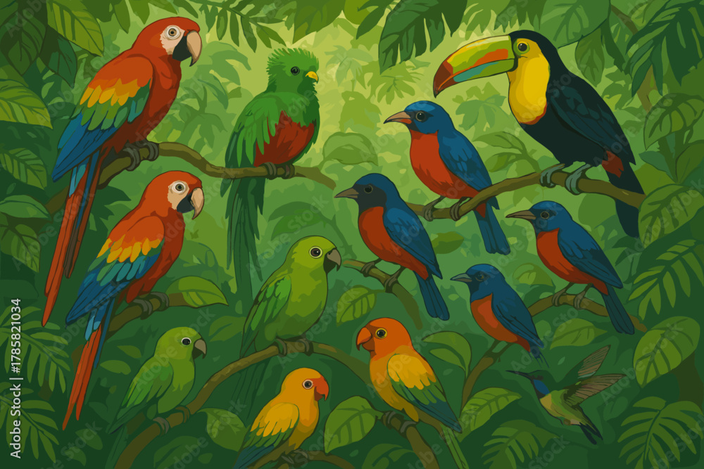 Naklejka premium A vibrant scene of various colorful parrots and a toucan perched among lush green jungle foliage, showcasing diverse species in tropical harmony.
