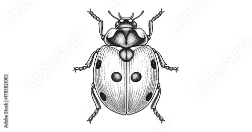 Intricate ladybug design: detailed black and white engraving of a beetle