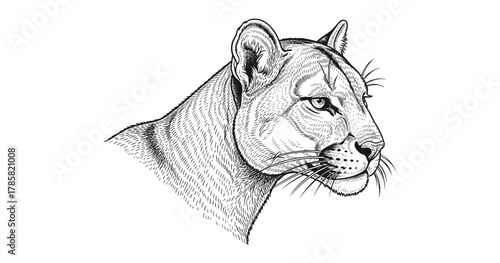 Detailed linear drawing of a puma profile on white background