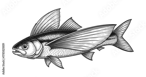 Intricate black and white ink drawing of flying fish with detailed fins