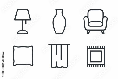 Minimalist home decor icons: lamp, vase, armchair, pillow, curtain, rug