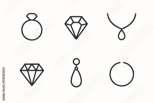Minimalist jewellery icons: rings, necklaces, earrings, diamonds in simple line art