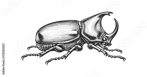 Intricate rhinoceros beetle engraving with detailed line art design