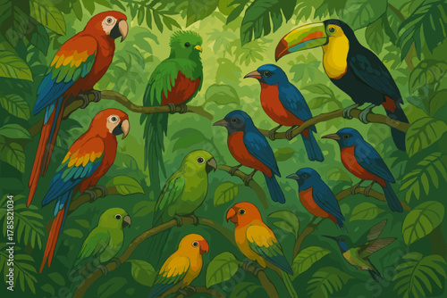 A vibrant scene of various colorful parrots and a toucan perched among lush green jungle foliage, showcasing diverse species in tropical harmony.