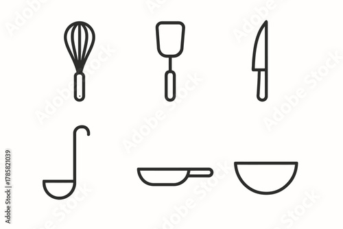 Essential kitchen utensils outlined: whisk, spatula, knife, ladle, pan, bowl