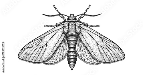 Detailed black and white moth drawing with intricate patterns and fine lines