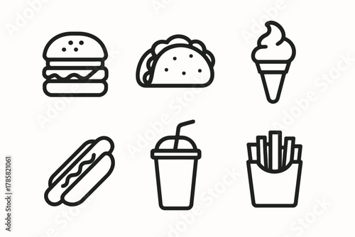 Collection of fast food icons: burger, taco, ice cream, hot dog, drink, fries